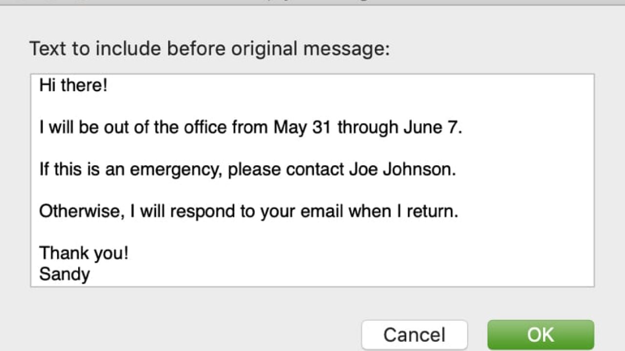 Crear un mensaje fuera de la oficina en Apple Mail